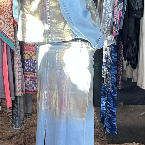 Set of Metallic Gold Denim Jeans Skirt & Jacket, Large Light Blue - Picture 15 of 16